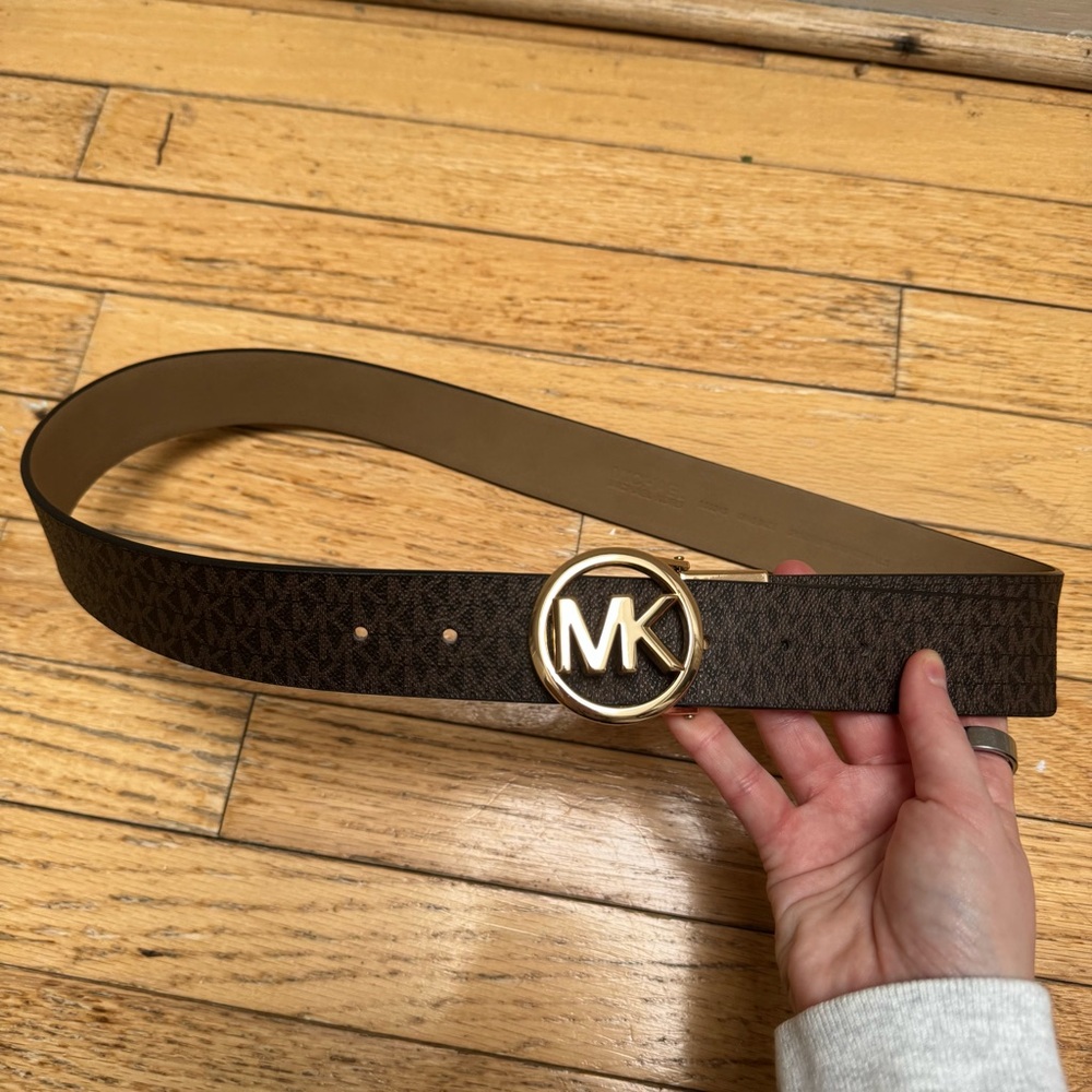Michael Kors Monogram Brown Belt with Gold Logo Buckle